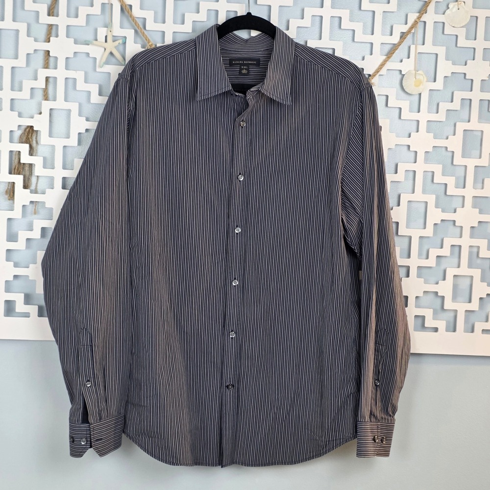 Banana Republic Mens Navy White Pinstripe Cotton Button Down Shirt L 16-16.5
